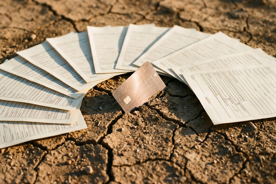 Close-up of a credit score gauge on a phone screen with financial documents in background