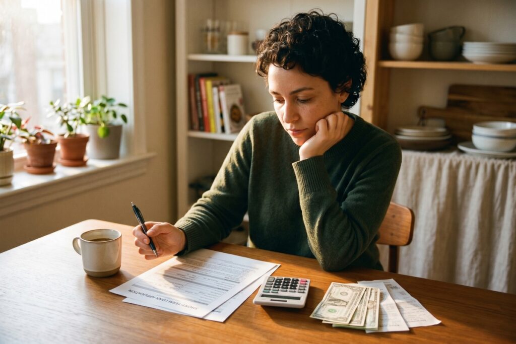 First-time borrower reviewing short-term loan documents and comparing lender offers at a desk