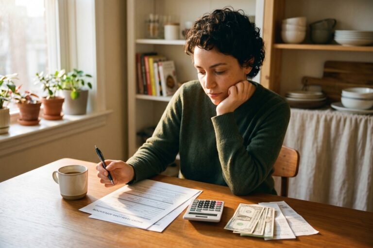 First-time borrower reviewing short-term loan documents and comparing lender offers at a desk