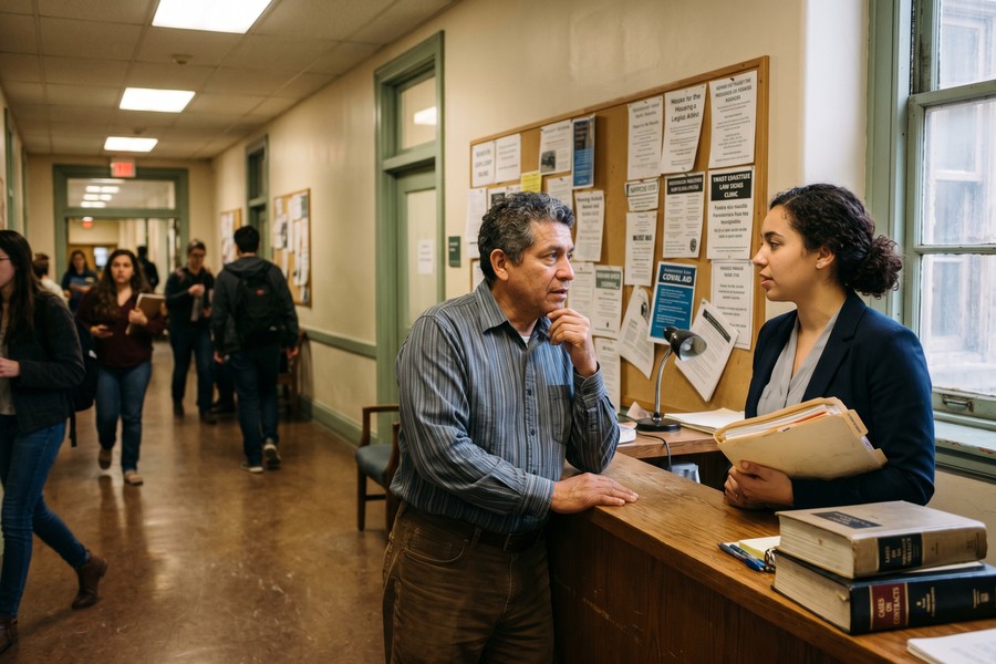 Borrower consulting with a nonprofit legal aid attorney about a predatory loan agreement
