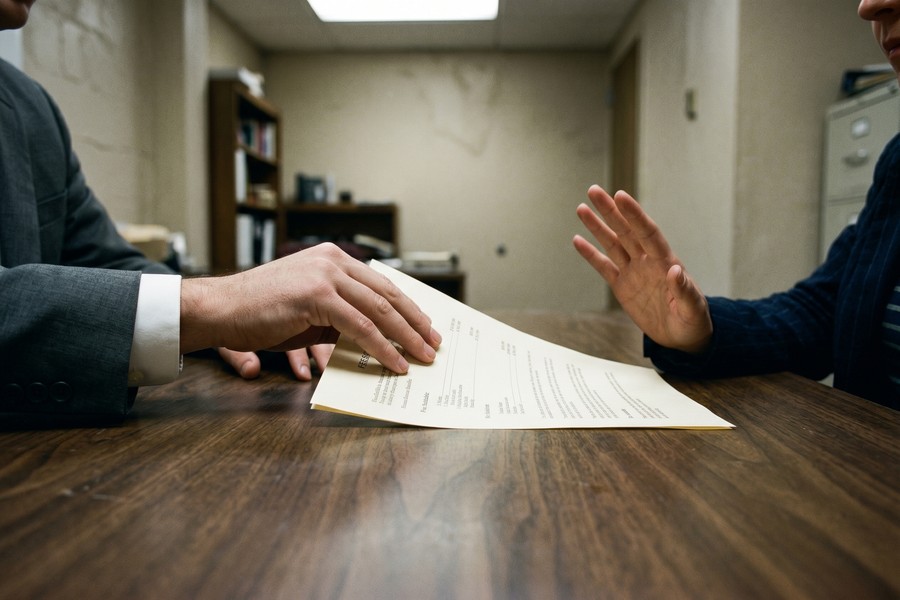 Consumer protection attorney reviewing a predatory loan contract with documents spread on a desk