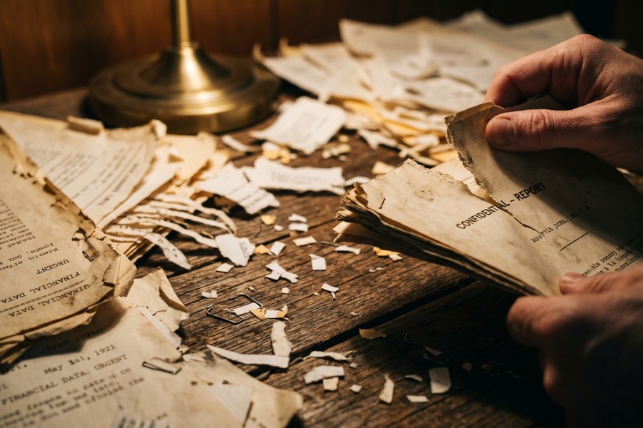 Organized loan documents and correspondence laid out on a table for a legal case review