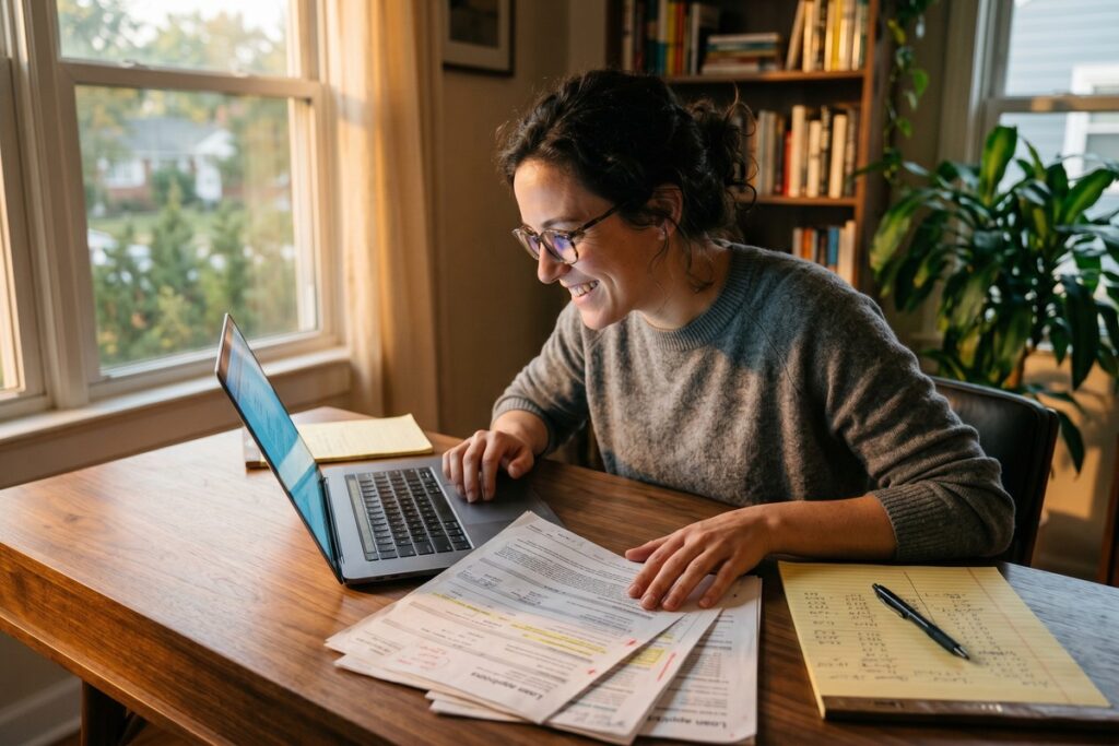 A freelancer reviewing loan documents and a CFPB complaint form at a desk, highlighting hidden lending fees