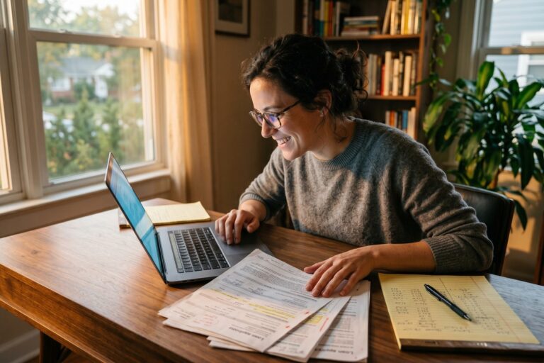 A freelancer reviewing loan documents and a CFPB complaint form at a desk, highlighting hidden lending fees