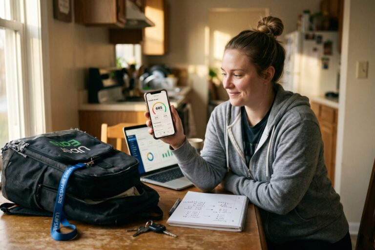 Gig worker checking improved credit score on smartphone after 14 months of credit building
