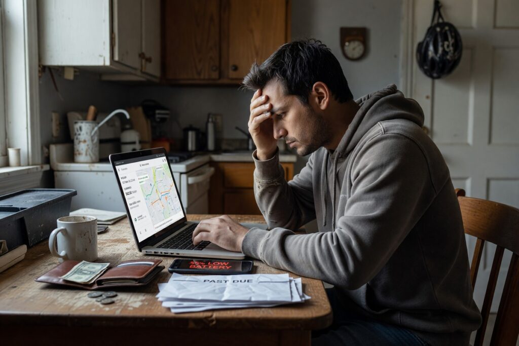 Gig worker reviewing finances on laptop while managing a financial emergency without savings