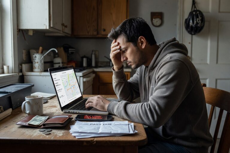 Gig worker reviewing finances on laptop while managing a financial emergency without savings