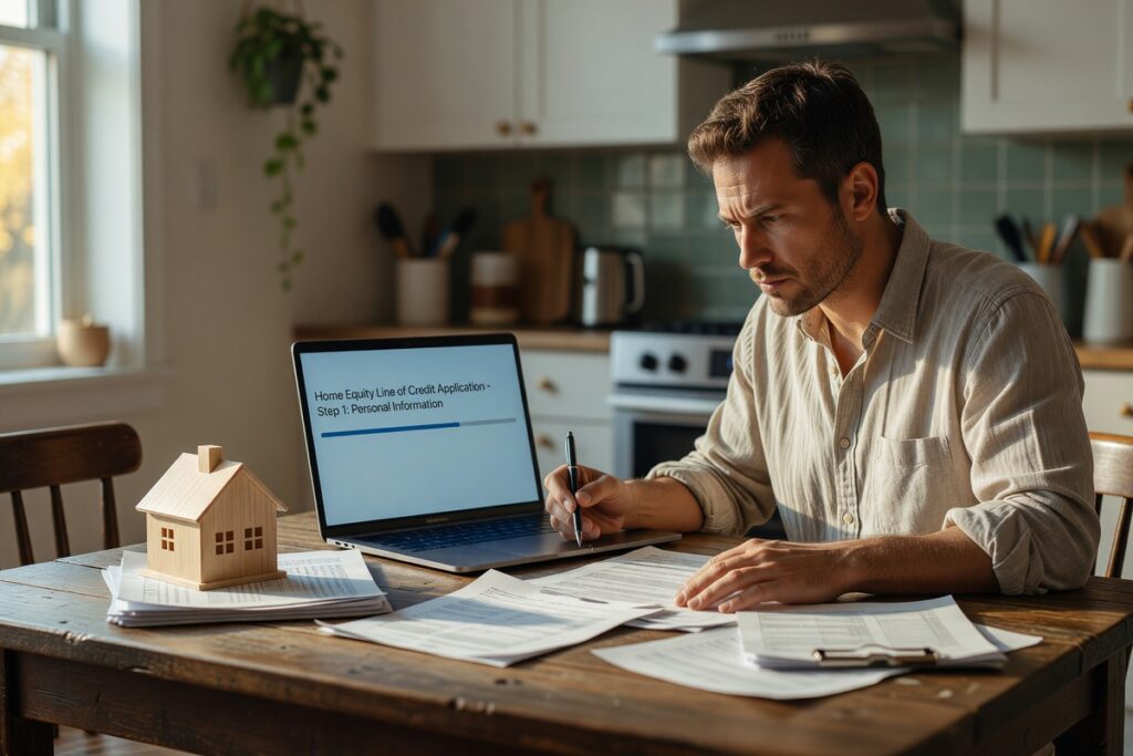 Homeowner reviewing HELOC documents during a financial emergency