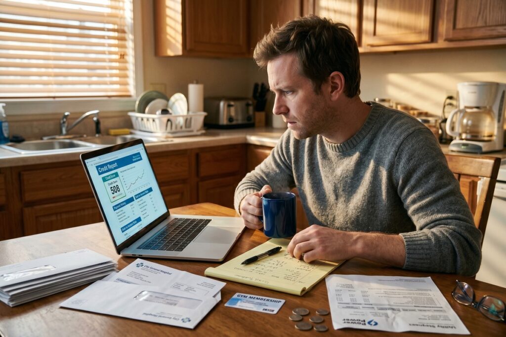Person looking shocked at a dropping credit score graph representing hidden credit score killers
