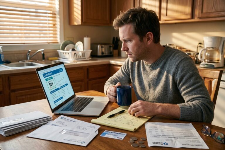 Person looking shocked at a dropping credit score graph representing hidden credit score killers