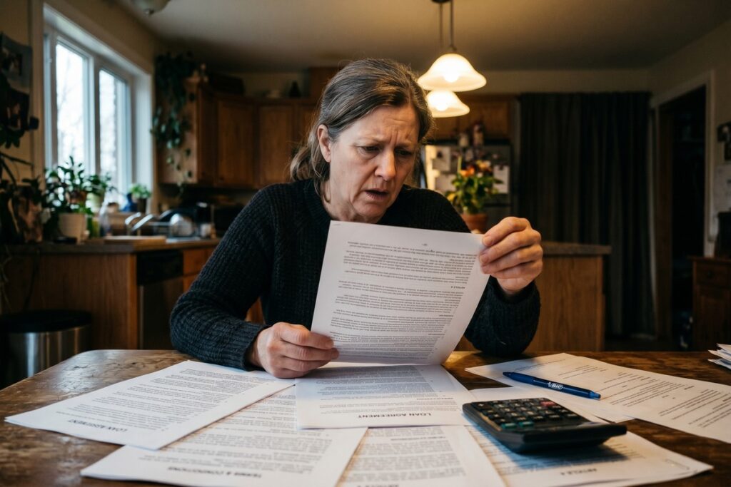 Borrower reading fine print on a loan agreement highlighting hidden loan fees