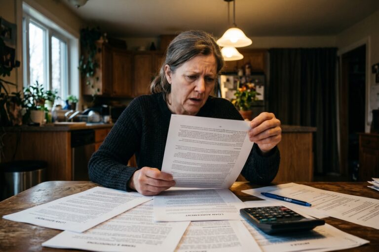 Borrower reading fine print on a loan agreement highlighting hidden loan fees
