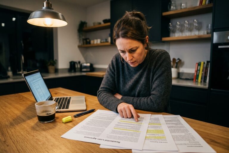 Magnifying glass over online loan agreement highlighting hidden loan fees in fine print