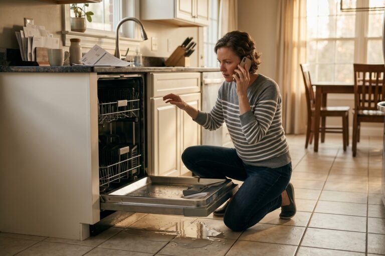 A technician inspecting a broken washing machine in a home laundry room with tools laid out on the floor
