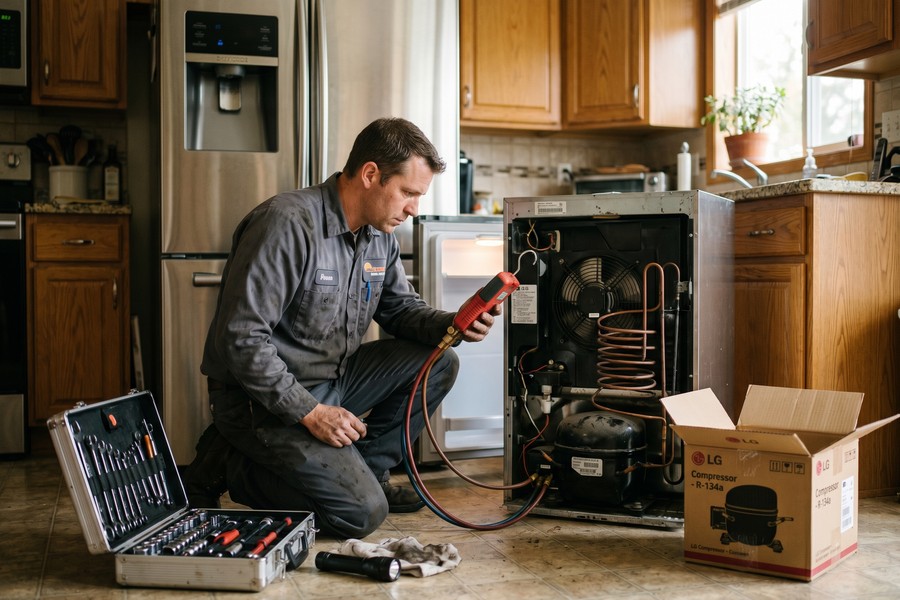 Split image showing a broken refrigerator next to a repair cost estimate on a clipboard