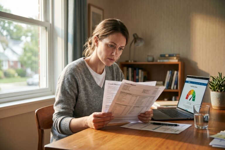 Person reviewing negative items on credit report with calendar showing removal timeline