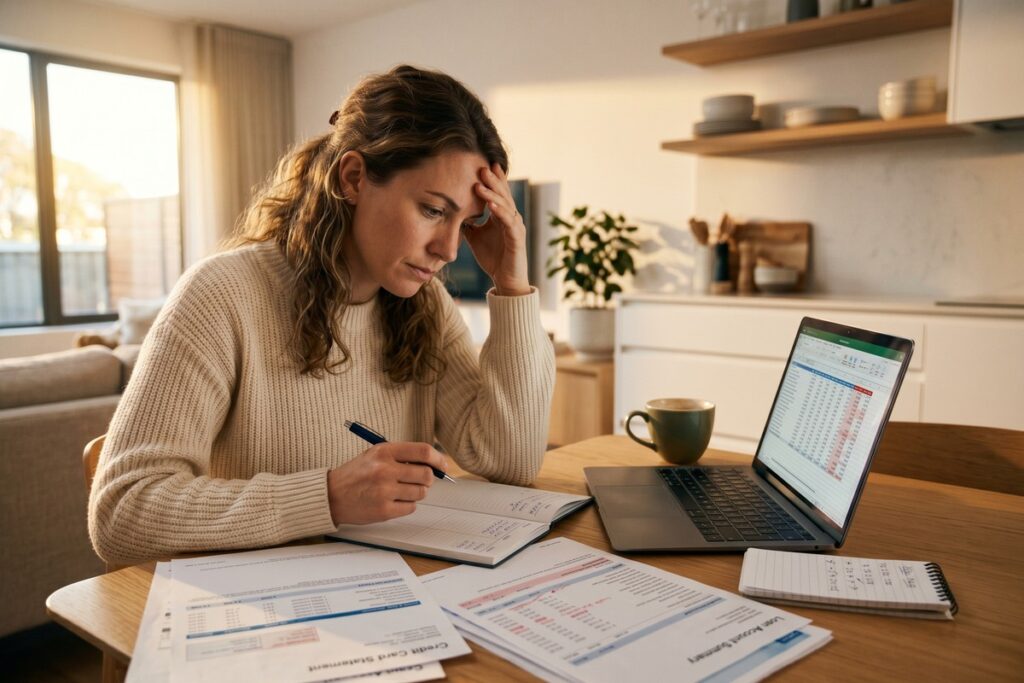 Person reviewing emergency debt limit on financial documents with calculator and budget chart