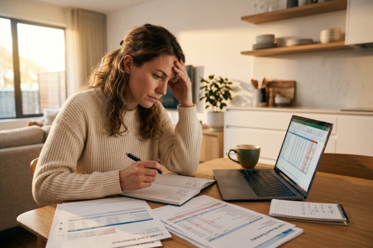 Person reviewing emergency debt limit on financial documents with calculator and budget chart