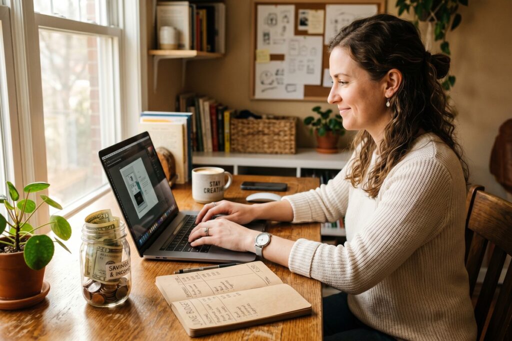 Freelancer building an emergency fund by saving money from irregular income
