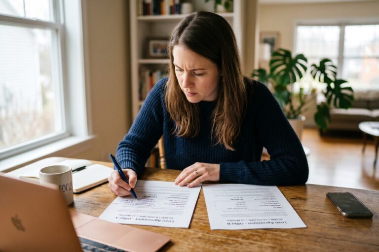 Person comparing short-term loan offers on a laptop with APR charts and loan documents on a desk