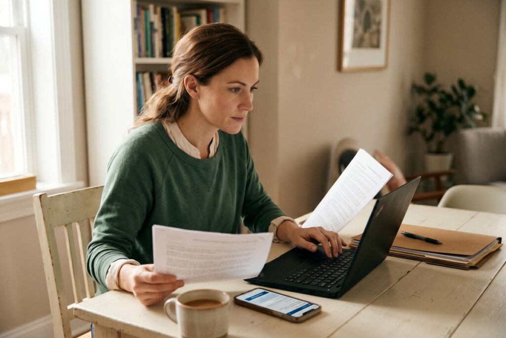 Person filing a complaint online to report an illegal lender using a laptop