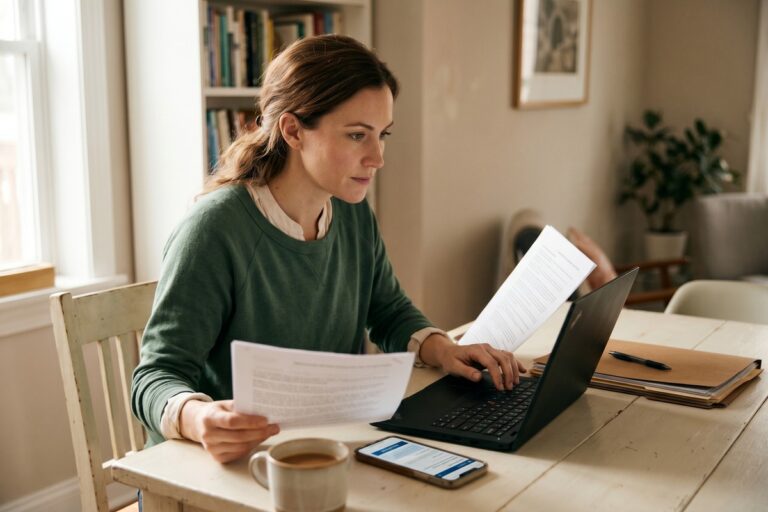 Person filing a complaint online to report an illegal lender using a laptop