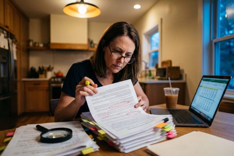 Borrower carefully reviewing predatory loan terms in a contract with a magnifying glass