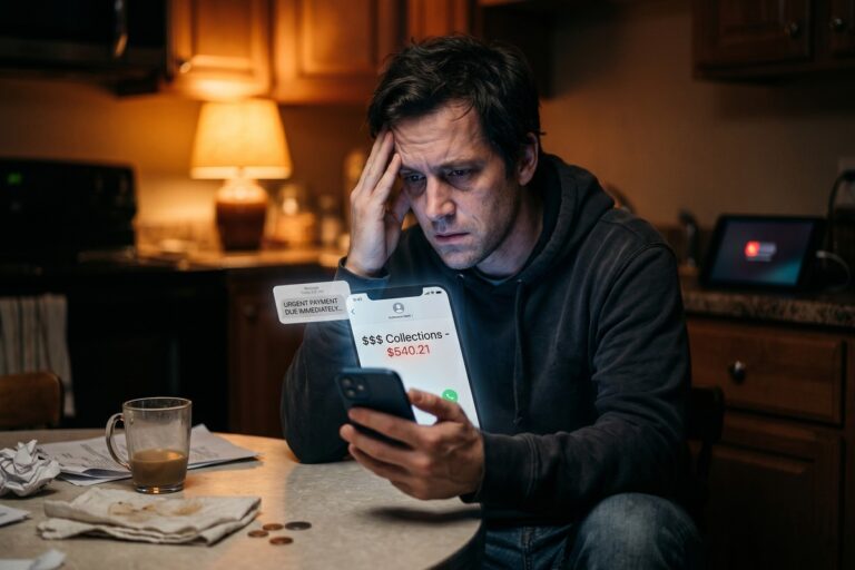 Person receiving illegal debt collection texts and calls on smartphone with warning icons