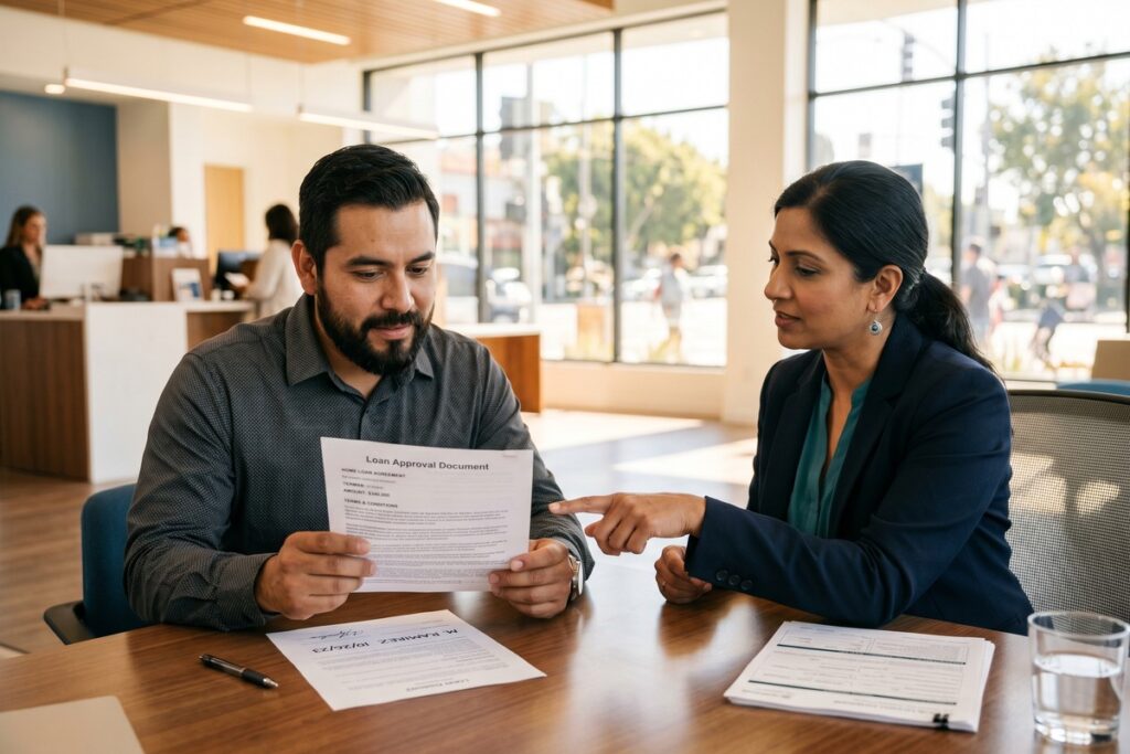 Immigrant family reviewing loan documents at a kitchen table with a federal consumer protection pamphlet nearby