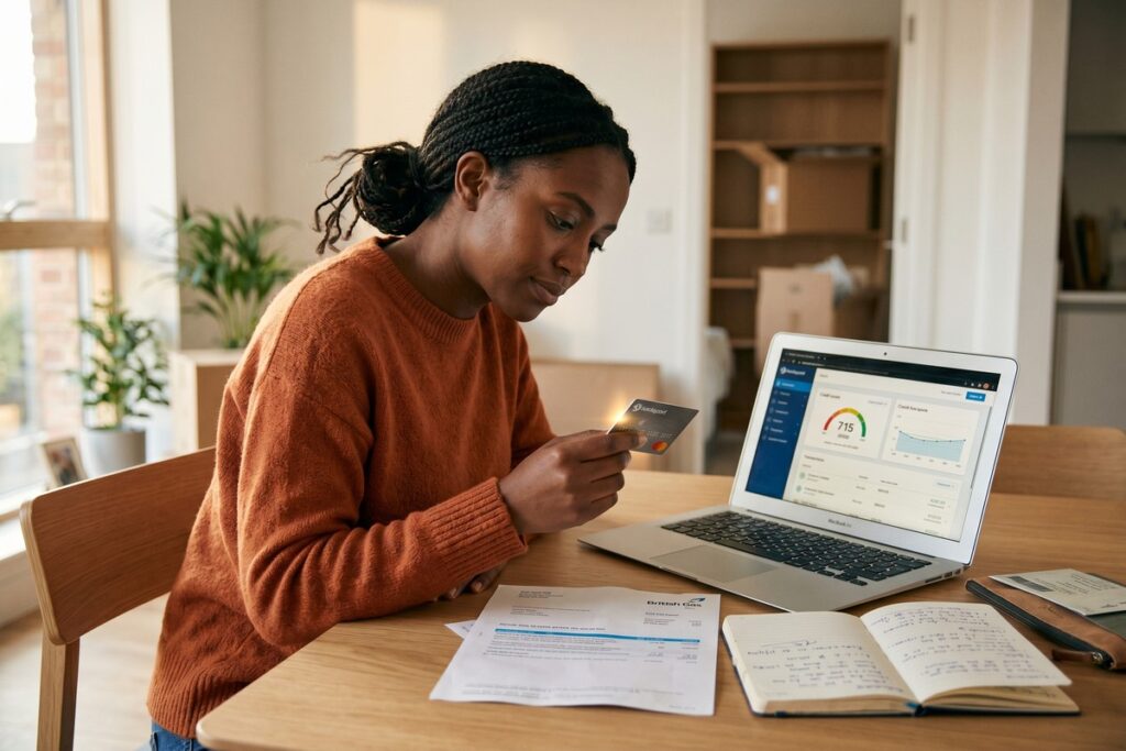 Immigrant reviewing U.S. credit building options on a laptop at home