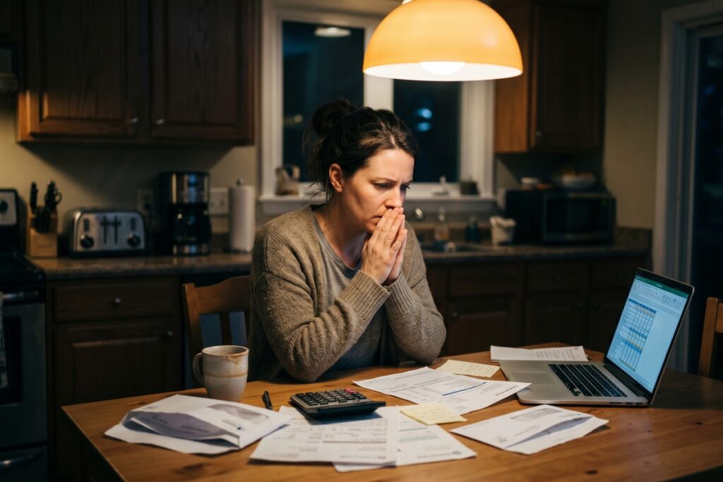 Stressed person reviewing job loss emergency bills at a desk with calculator and overdue notices