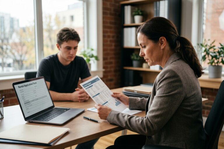Landlord reviewing a tenant credit report during rental application screening process