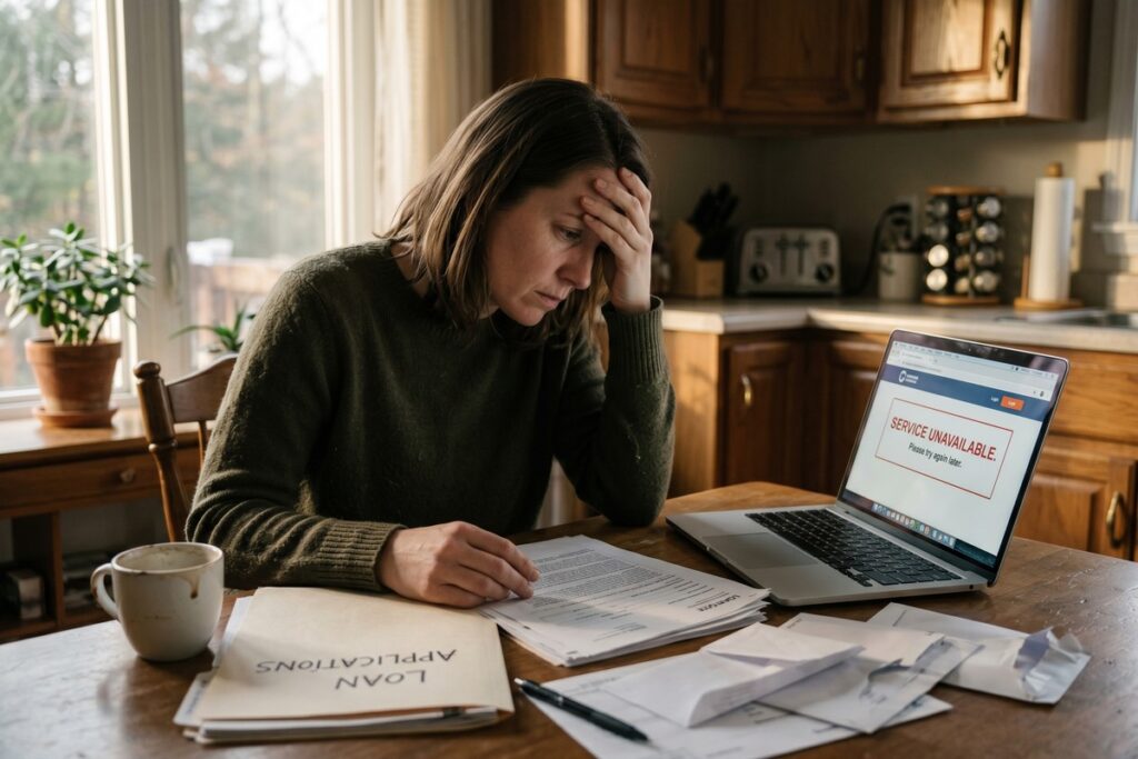 Borrower reviewing loan agreement documents after lender bankruptcy filing