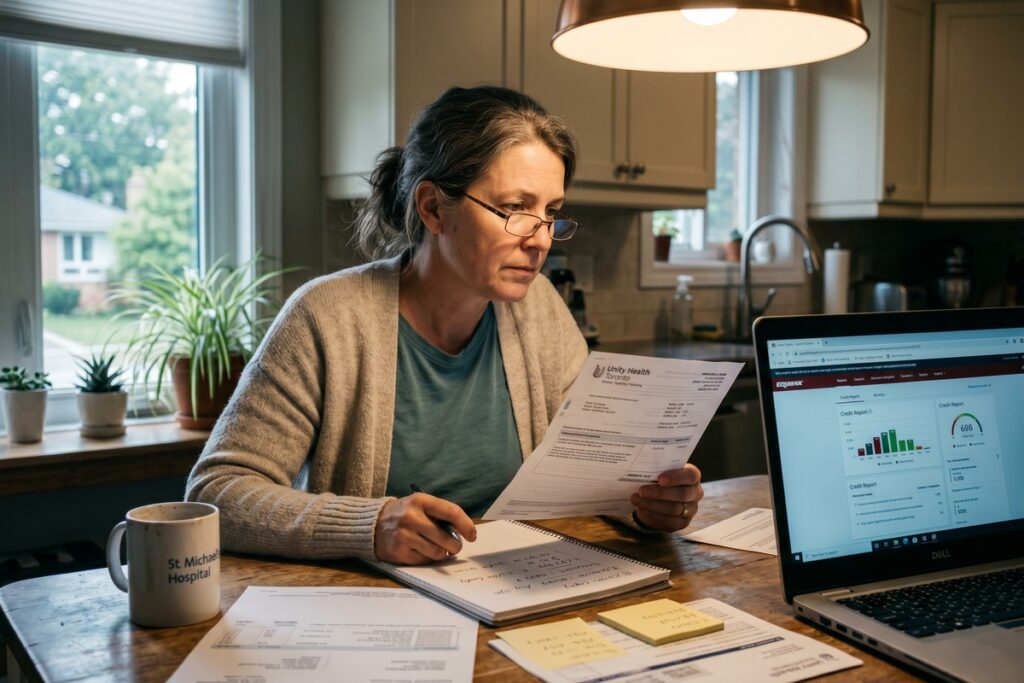 Patient reviewing a credit report with medical collection accounts highlighted on a desk with hospital billing paperwork