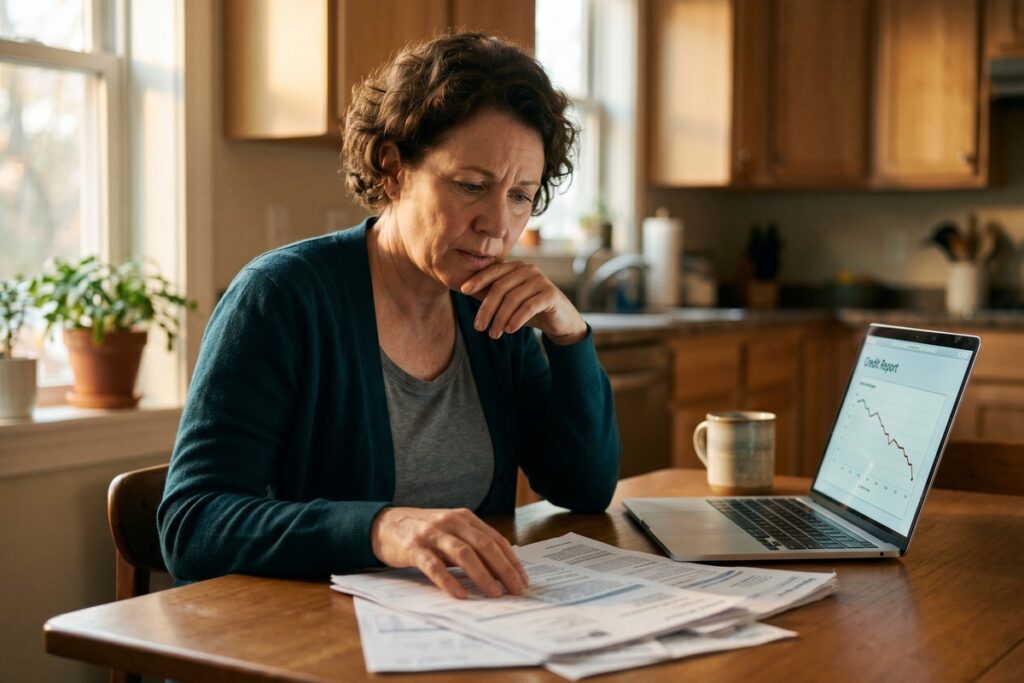 Person reviewing credit report showing medical debt impact after 2025 rule changes