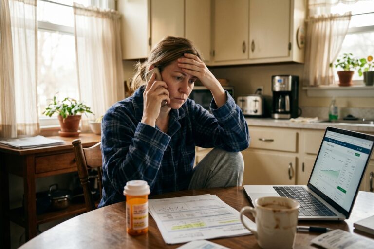 Person reviewing a medical bill at a desk with a laptop, calculator, and stacked paperwork in a home office setting