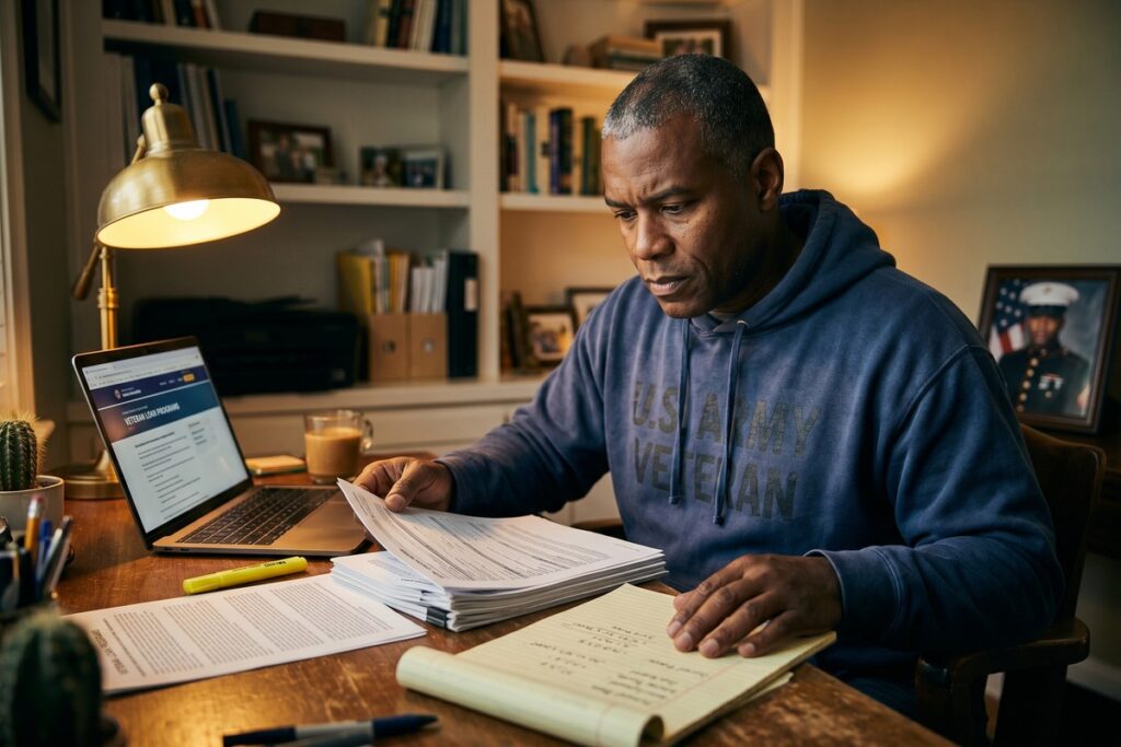 A veteran in civilian clothes reviewing a high-interest loan document at a kitchen table with military discharge papers nearby