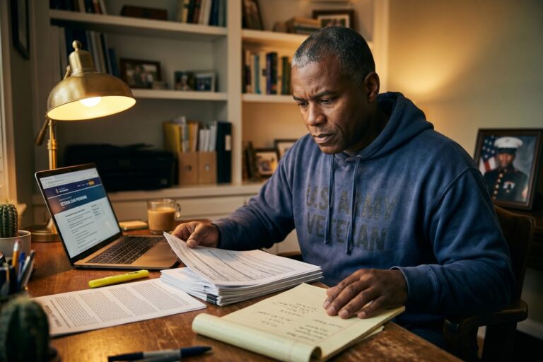 A veteran in civilian clothes reviewing a high-interest loan document at a kitchen table with military discharge papers nearby