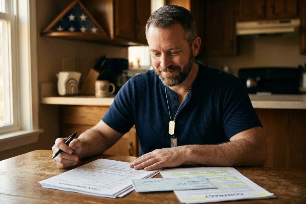 A veteran reviewing loan documents and reclaiming illegal Military Lending Act fees at a desk