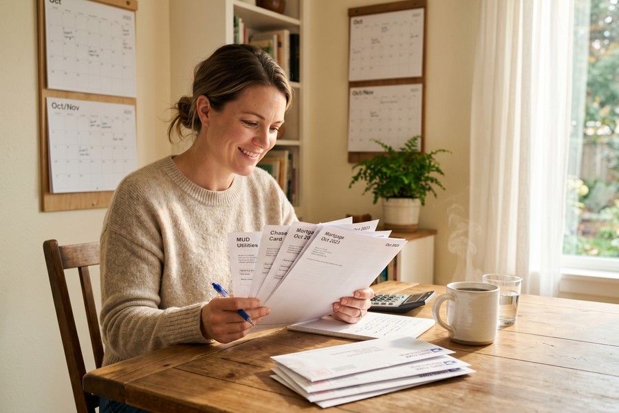 Person reviewing loan documents and making a phone call to negotiate repayment