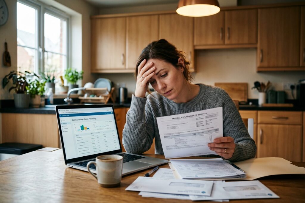 Person stressed over unexpected medical bills and paperwork at a desk