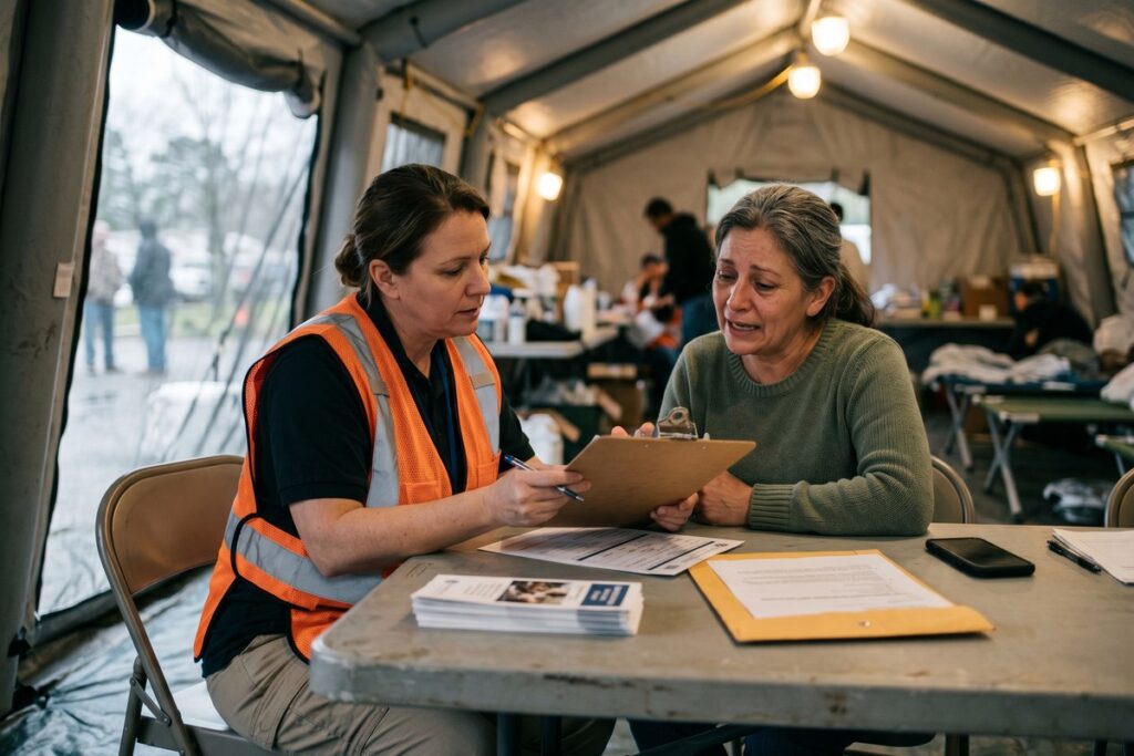 Person reviewing natural disaster emergency funding options and financial resources after a crisis