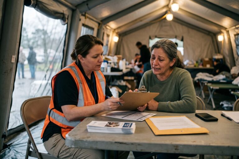Person reviewing natural disaster emergency funding options and financial resources after a crisis