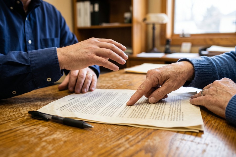 Close-up of a loan contract with key clauses highlighted by a borrower's hand