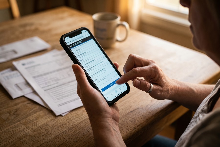 Person reviewing a signed loan contract next to a laptop showing the CFPB complaint portal