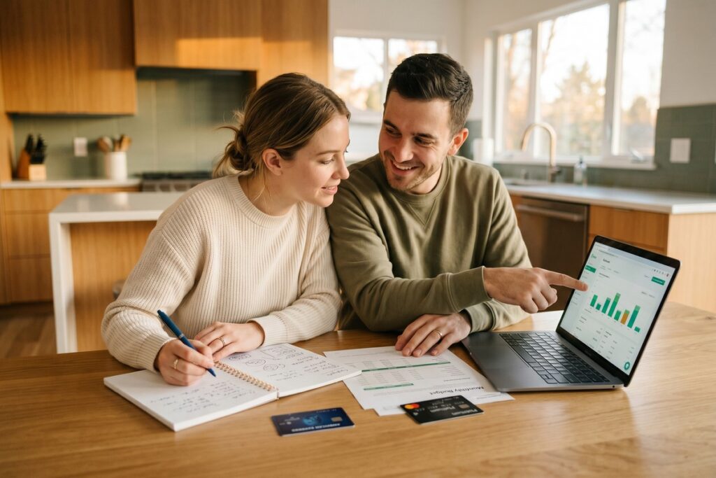 Newlyweds reviewing their credit strategy and finances together at home