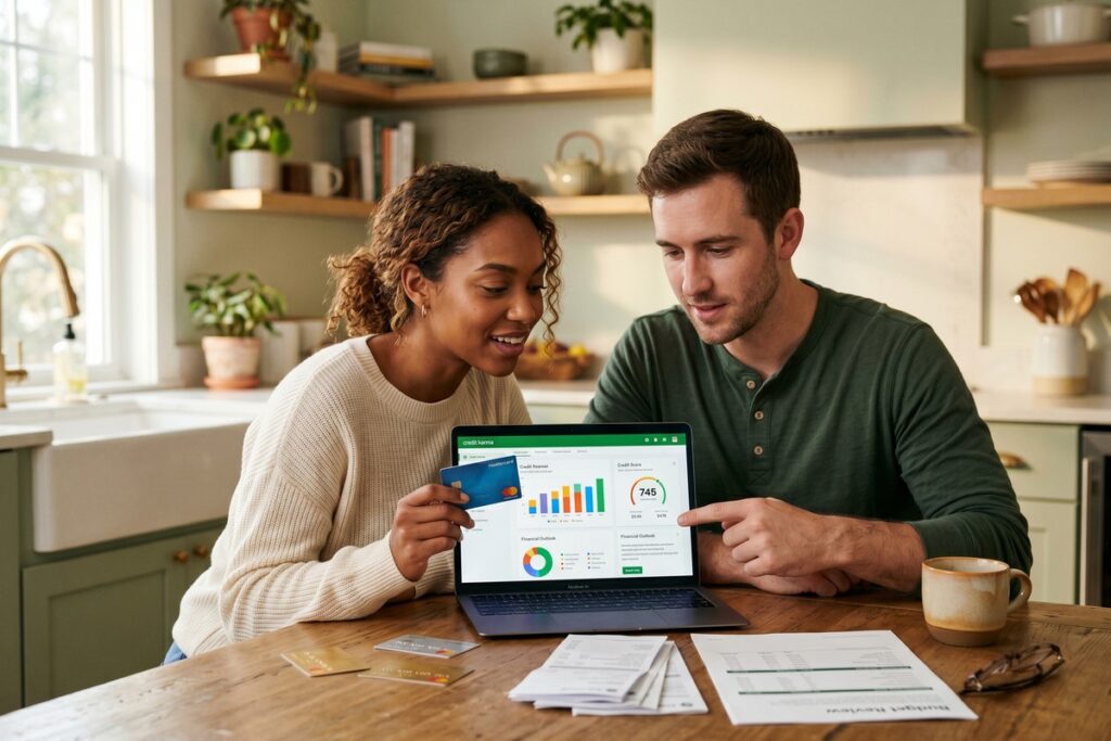 Newlywed couple reviewing joint credit report together at home
