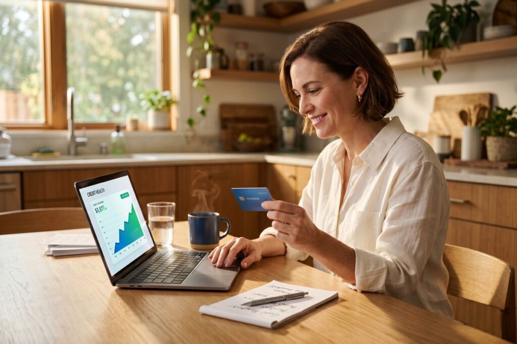 A 45-year-old adult reviewing credit score progress on a laptop to build credit history from scratch