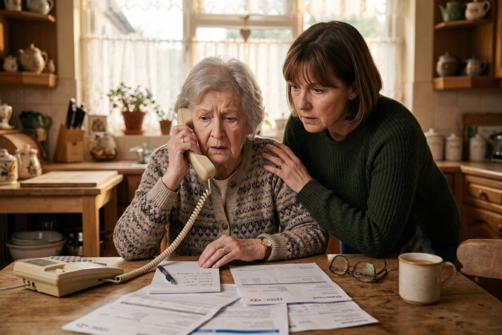 Elderly nursing home resident reviewing a loan document with a concerned family member at a table