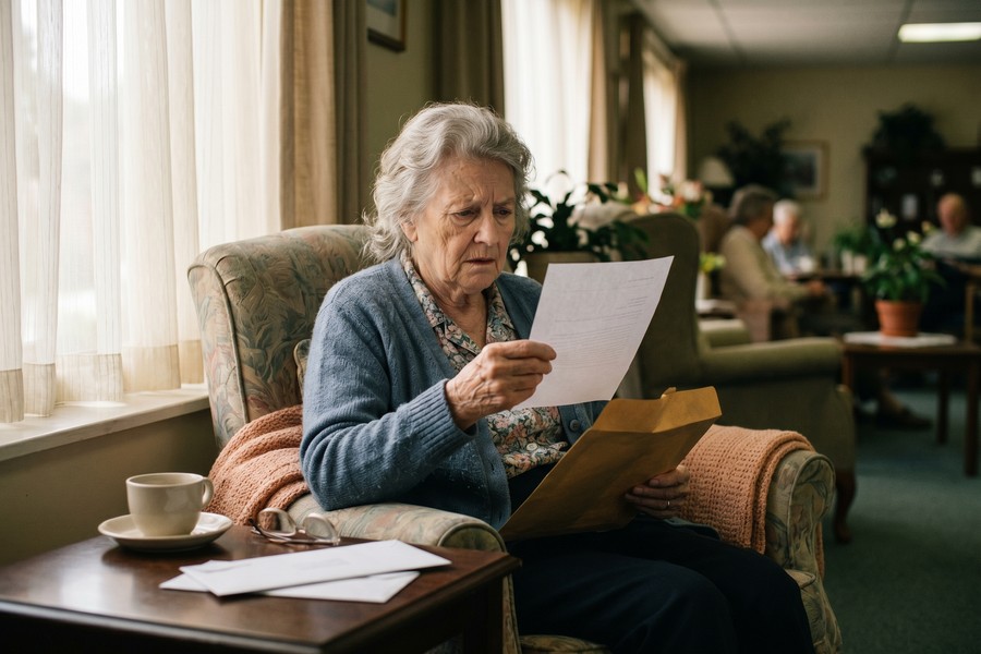 Nursing home resident reviewing financial documents with concerned family member present